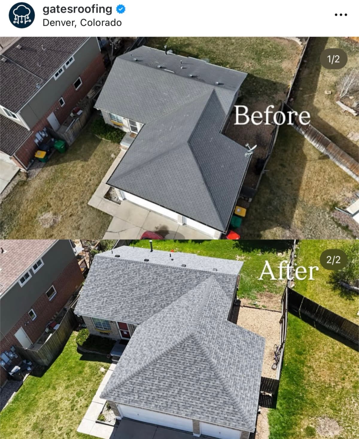 Before and after roof replacement by Gates Enterprises in Colorado