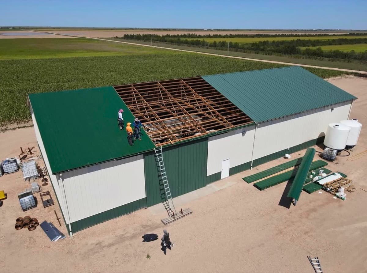 Commercial metal roof replacement on large agricultural building
