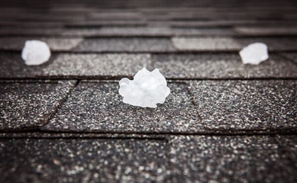 Hailstones sitting on roof shingles after a Colorado hail storm
